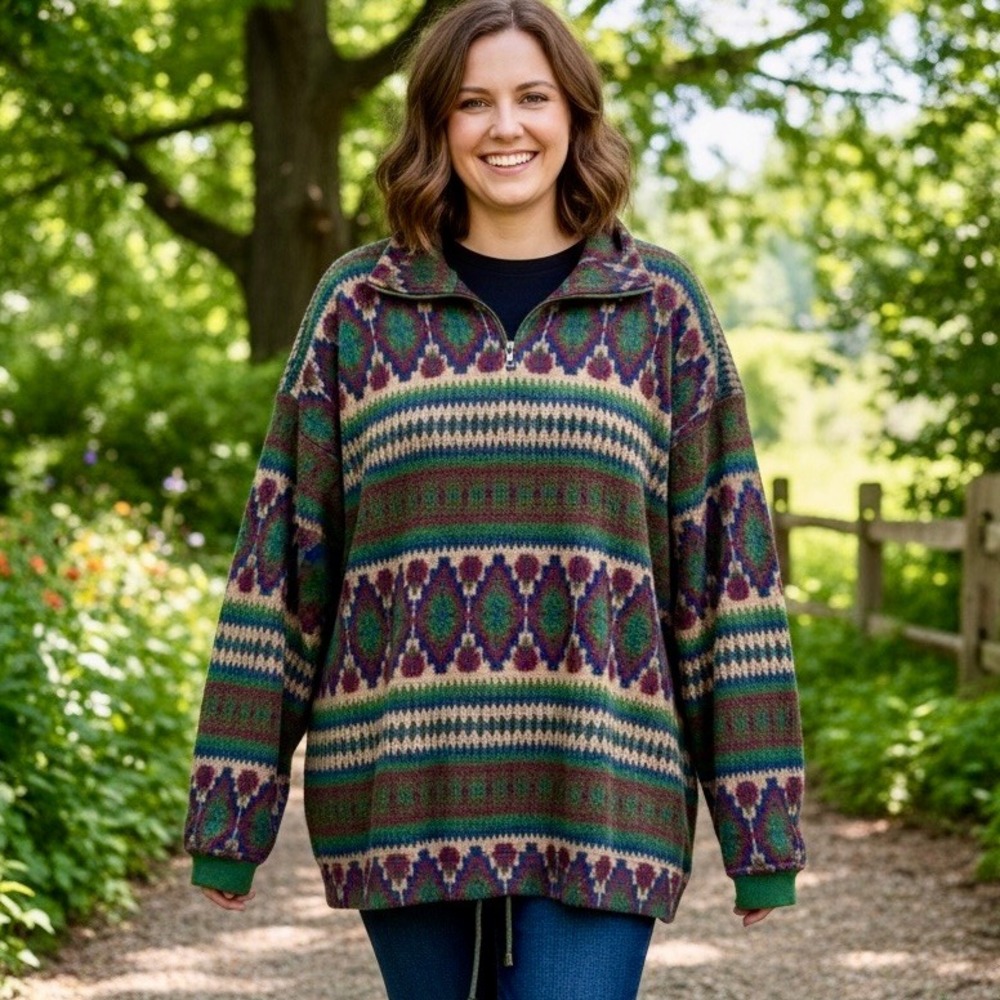 Vintage‎ 90s Sasson Fair Isle Pullover Women XL Green Red Quarter Zip Athleisure